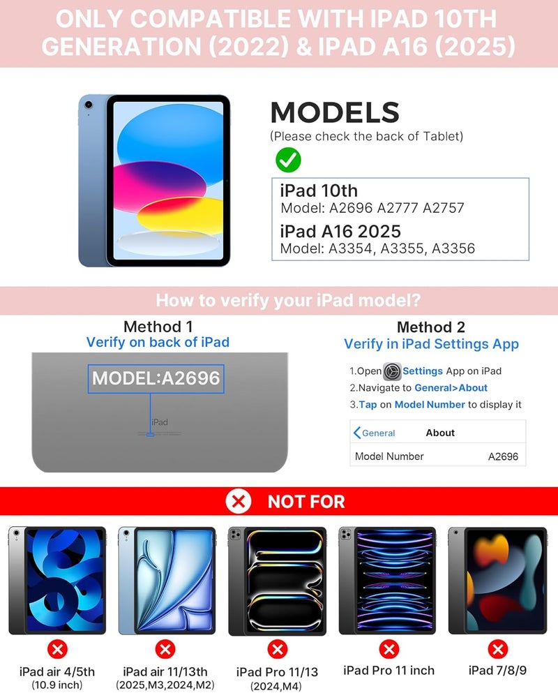 typecase حافظة آيباد 11 الجيل العاشر مع لوحة مفاتيح (11" 2025، A16 و10.9" 2022) – قابلة للدوران 360°، إضاءة خلفية بـ 11 لون، لوحة تتبع متعددة اللمس، حامل قلم، رقيقة وخفيفة – وردي فاتح - Image 2